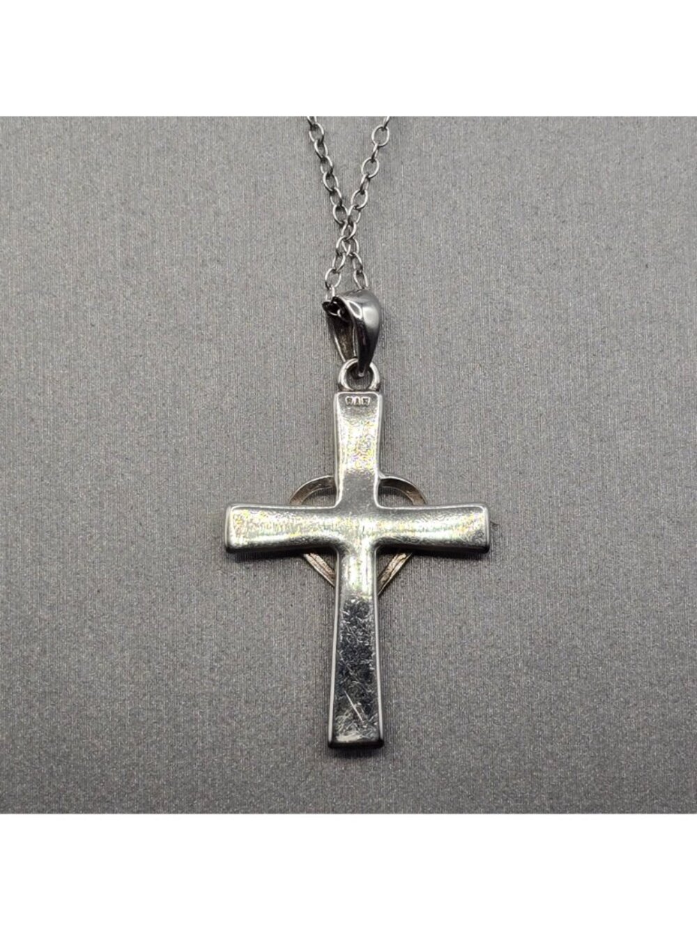 HAN Sterling Silver Crystal Encrusted Cross Pendant Necklace 18" Open Heart 925 - Picture 4 of 11